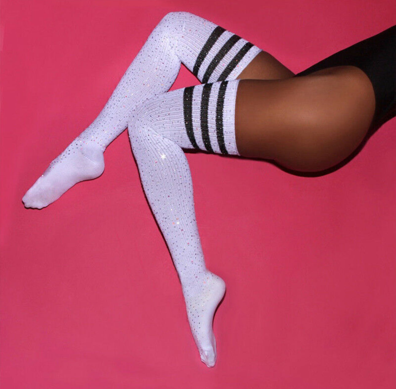 Thigh High Glitter Socks - White with Black stripes