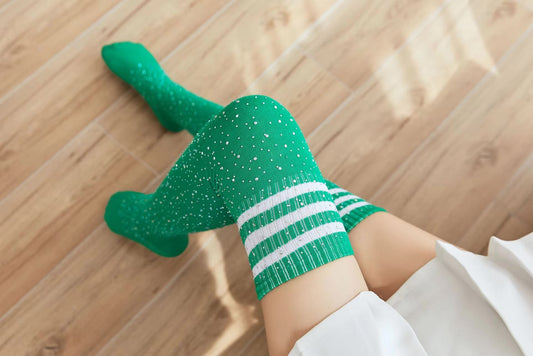 Thigh High Glitter Socks - Green with white stripes