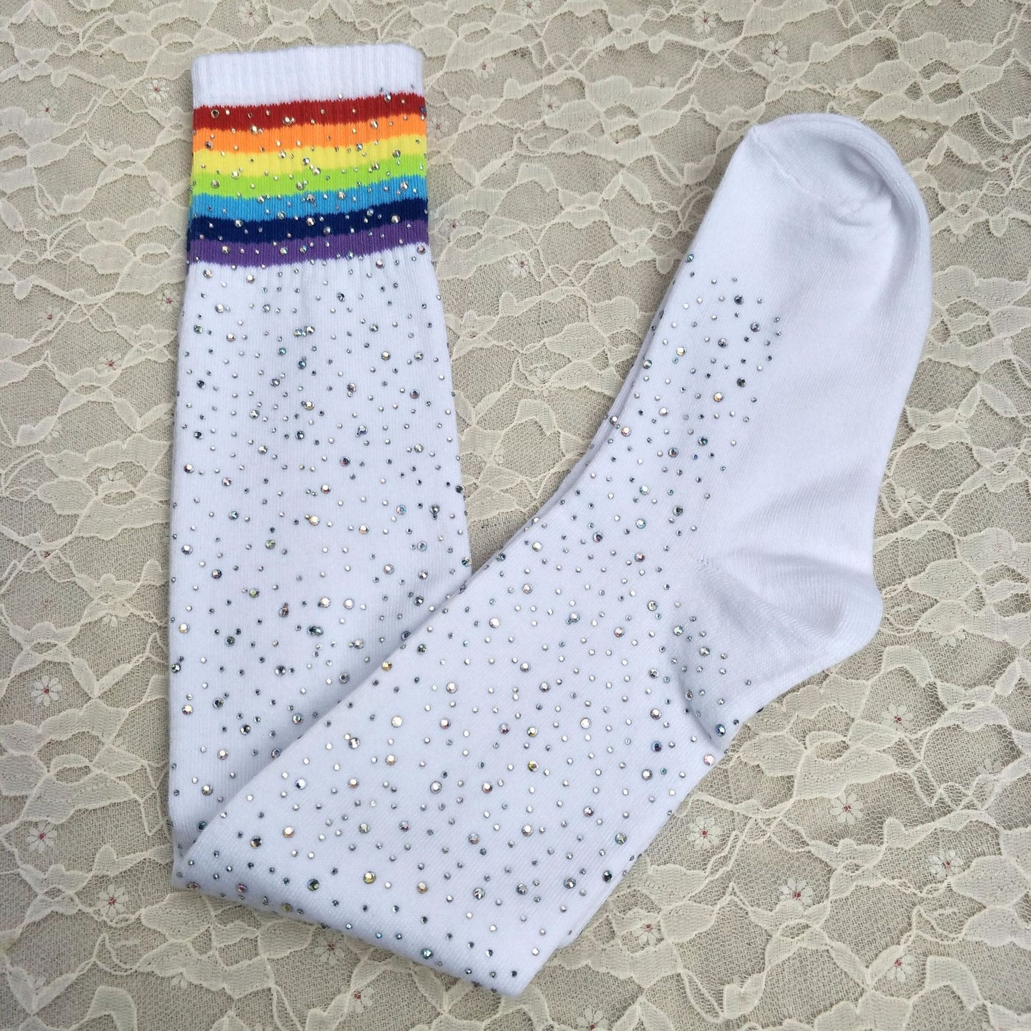 Thigh High Glitter Socks - White with rainbow stripes
