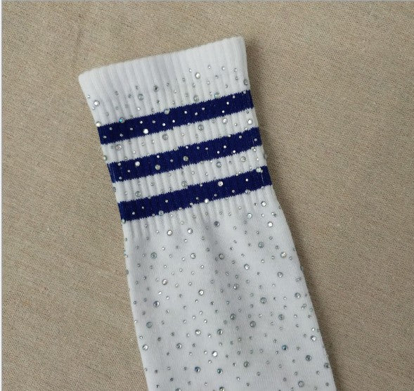 Thigh High Glitter Socks - White with navy stripes