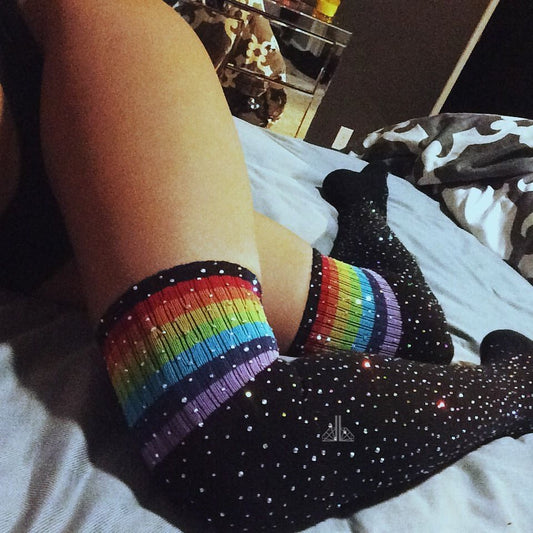 thigh high glitter socks with stripes for pole dance